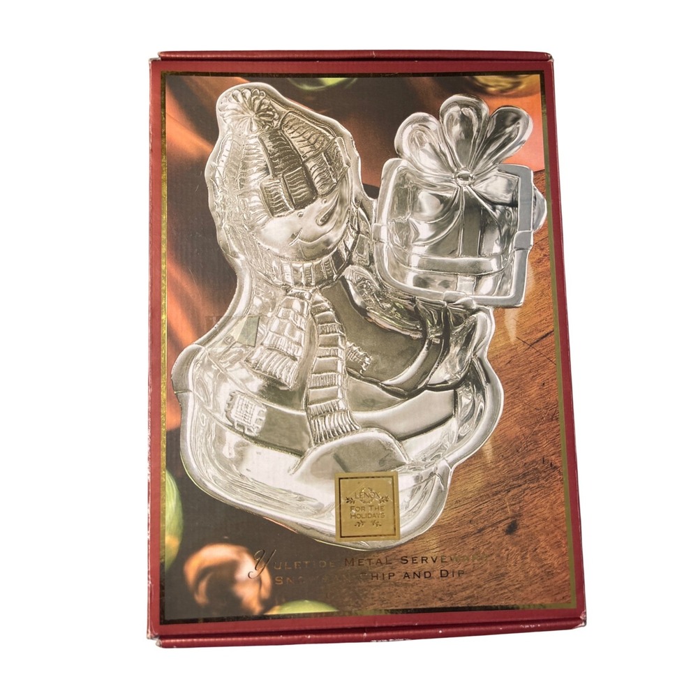 Lenox Yuletide Metal Serveware Snowman Chip and Dip Tray Silver 6212238 Holiday‎